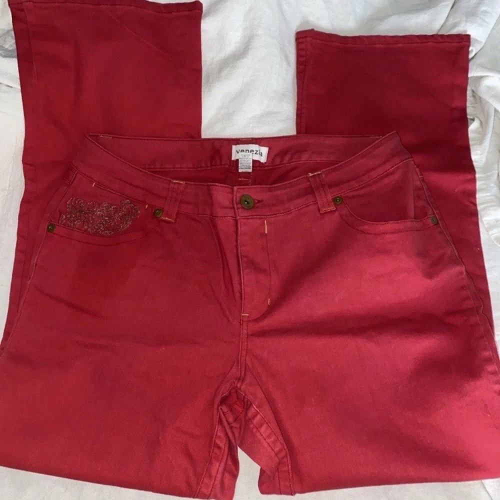 Venezia Jeans Size 18 Red W Embroidery Detail
